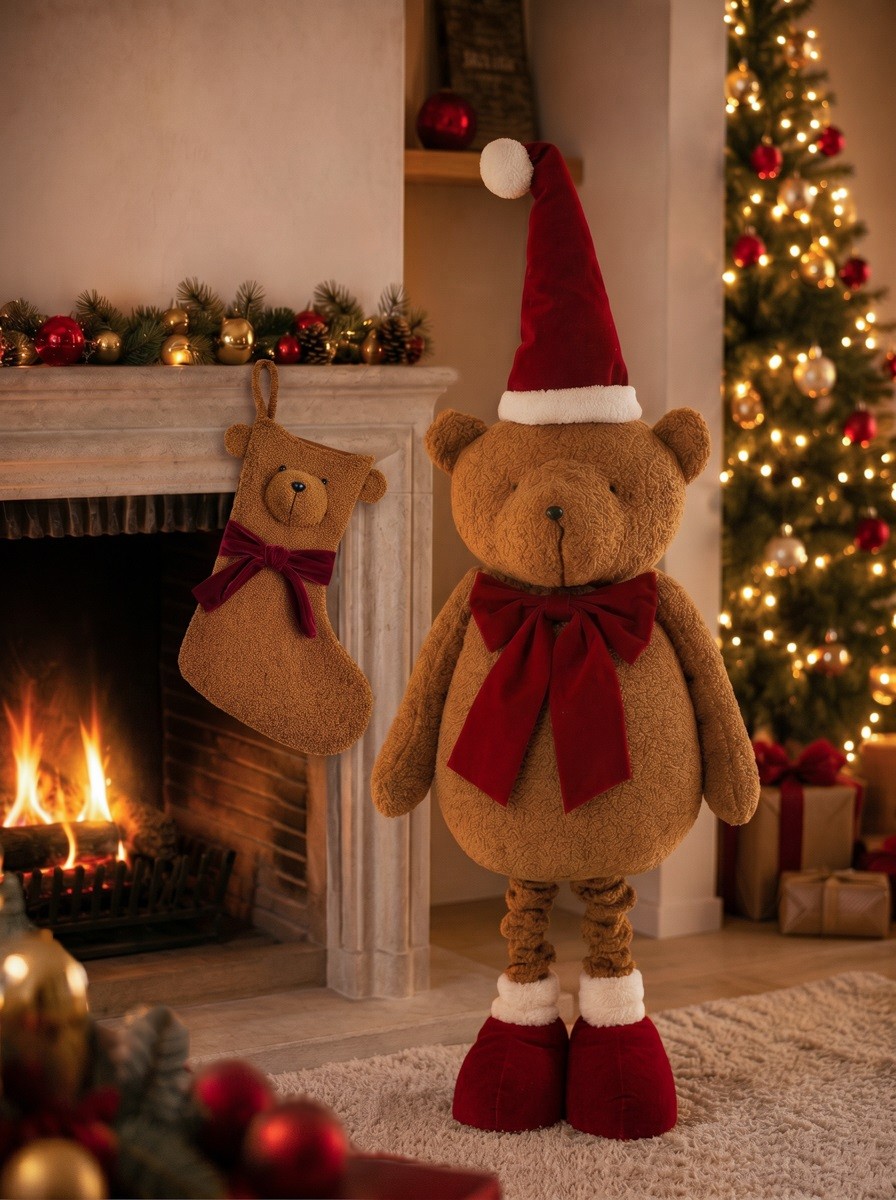 Kerstdecoratie - Kerstsok Teddybeer – Bruin – Synthetisch – h 41 cm