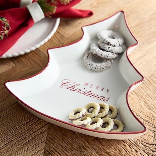 keuken - rivièra maison - Merry Christmas Plate – Kerst Serveerschaal – Porselein - wit - 35 × 30 cm