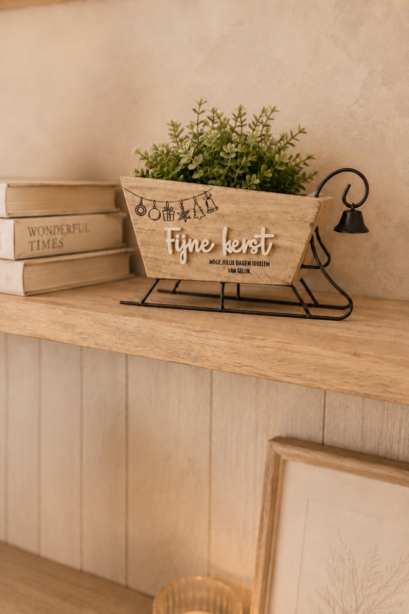 Plantenpot slede "Fijne Kerst" – hout/metaal - Zwart/Naturel – 22,5 × 11 × 14 cm