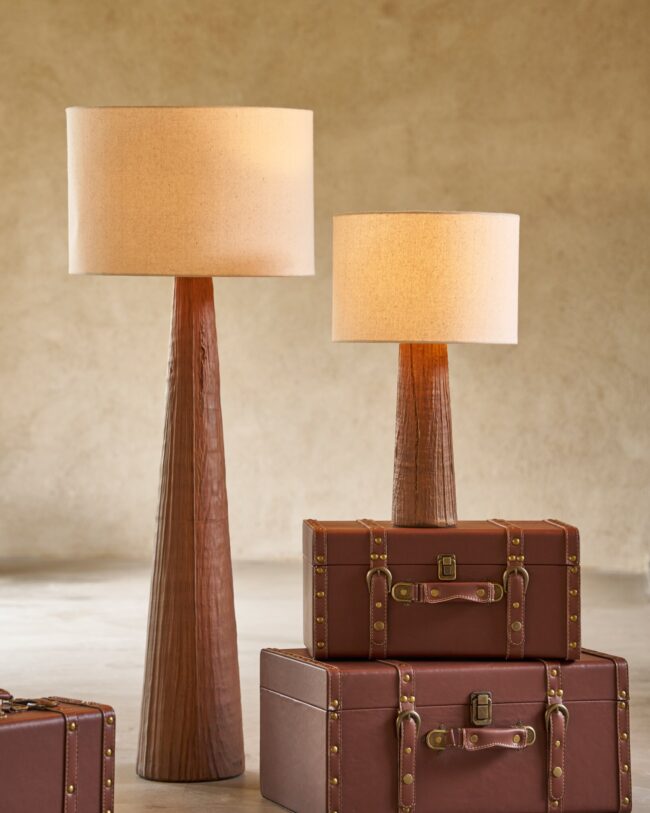 lampen - staanlamp Melina – J-Line - Keramiek – Donkerbruin met Beige Lampenkap – 35 × 35 × 43 cm - enkel afhalen/geen verzending