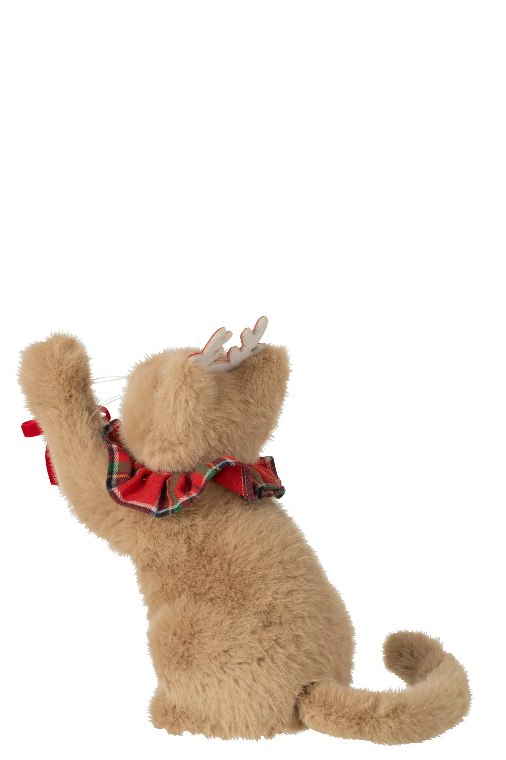kerstfiguur - j-line - Kat met Rendiergewei – imitatiebont -Beige - 25 x 14 x 26 cm - Afbeelding 3