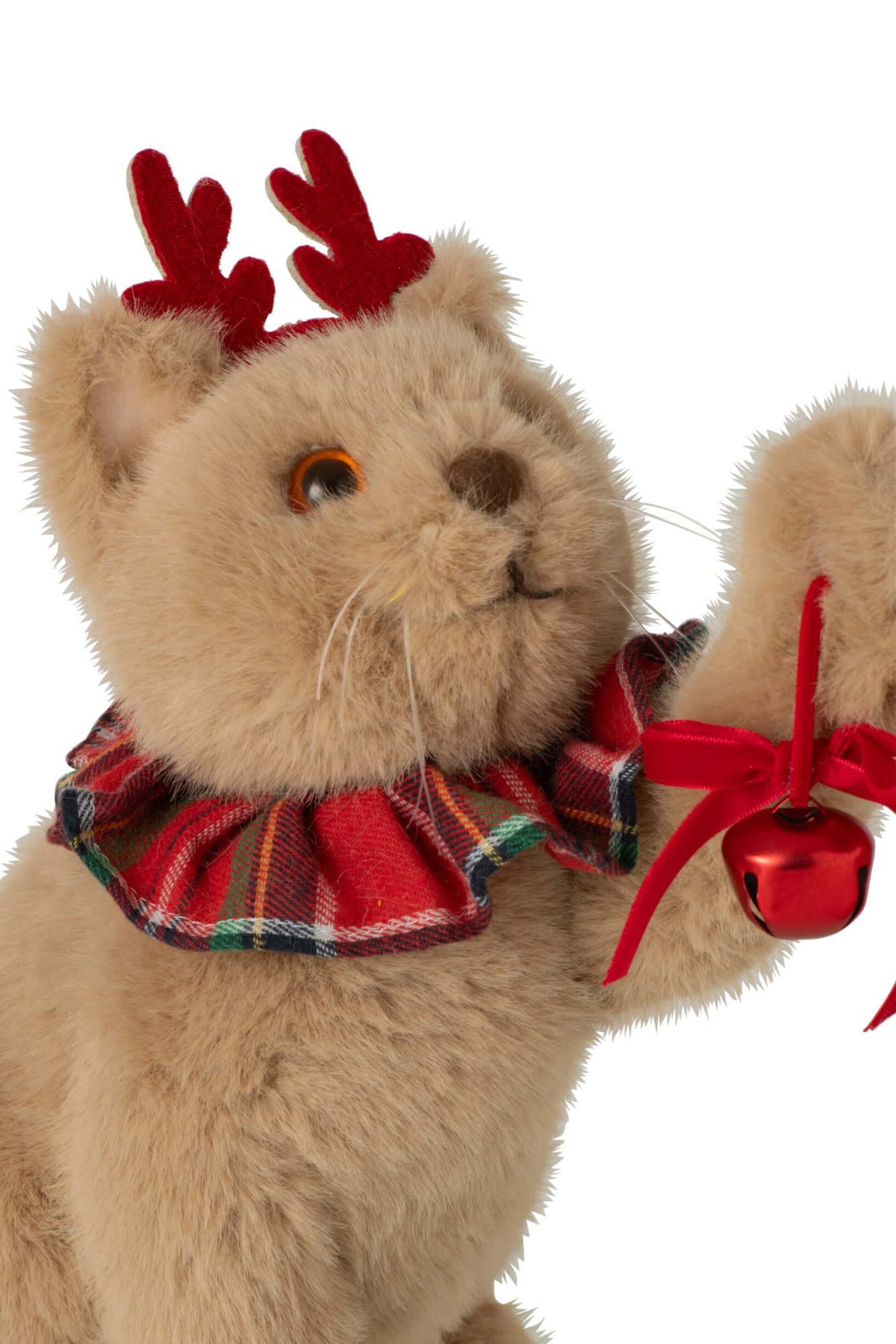 kerstfiguur - j-line - Kat met Rendiergewei – imitatiebont -Beige - 25 x 14 x 26 cm - Afbeelding 4