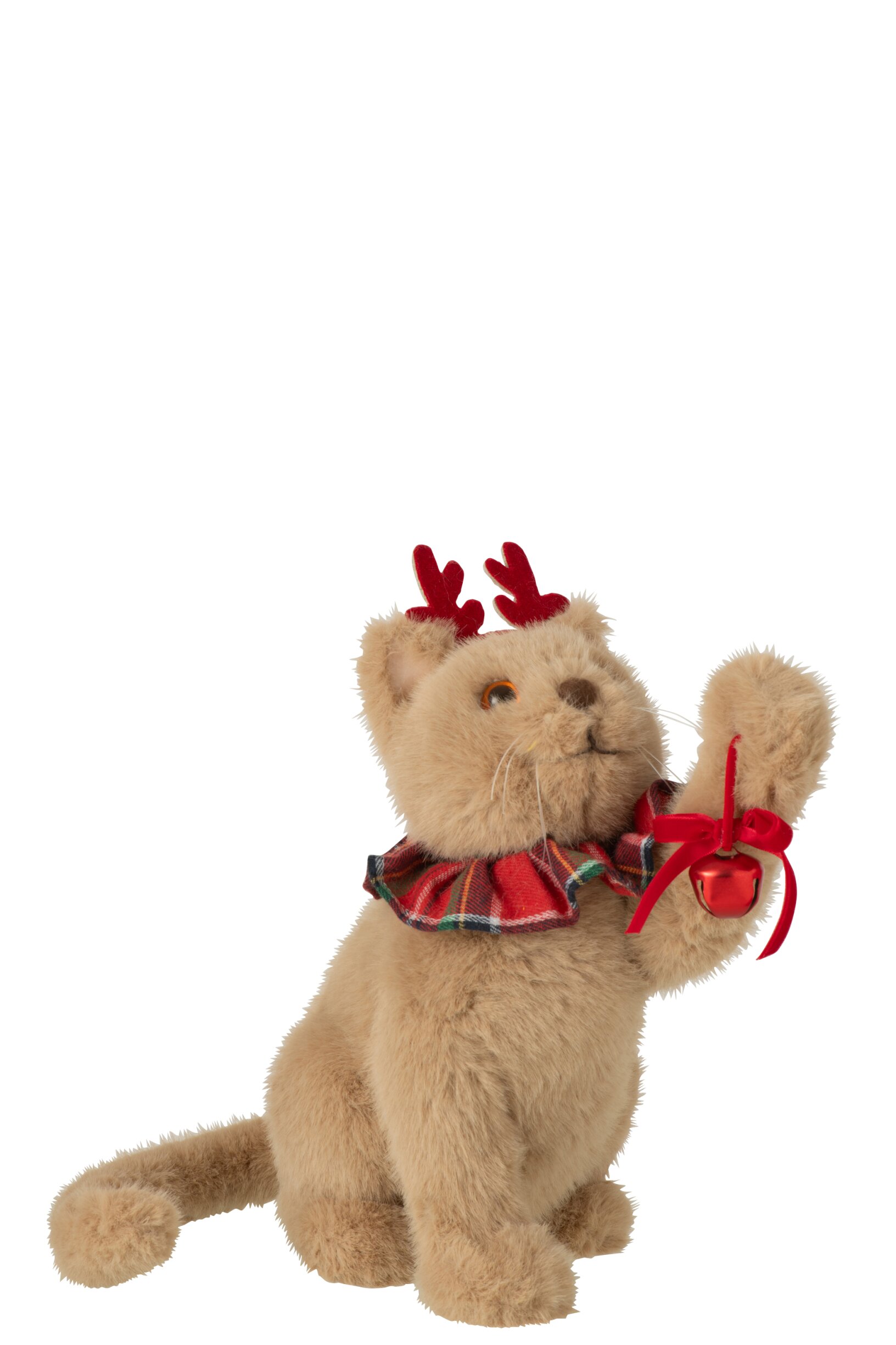 kerstfiguur - j-line - Kat met Rendiergewei – imitatiebont -Beige - 25 x 14 x 26 cm - Afbeelding 2