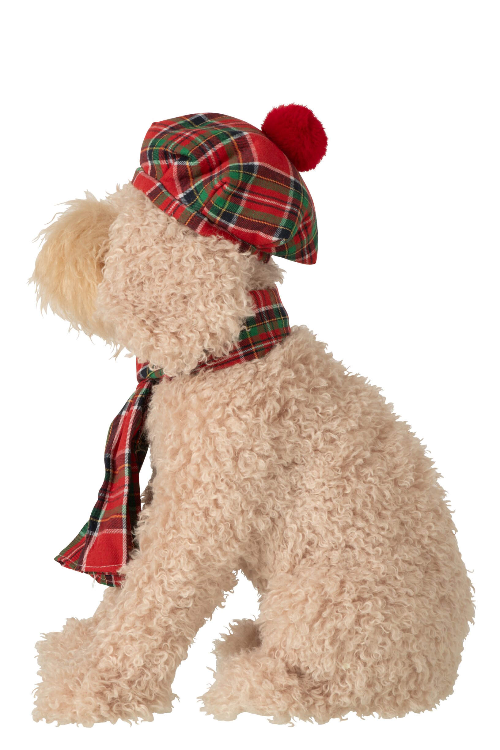 kerstfiguur - j-line - hond van pluche met baret en sjaal – textiel - beige - 40 x 28 x 48 cm - Afbeelding 3