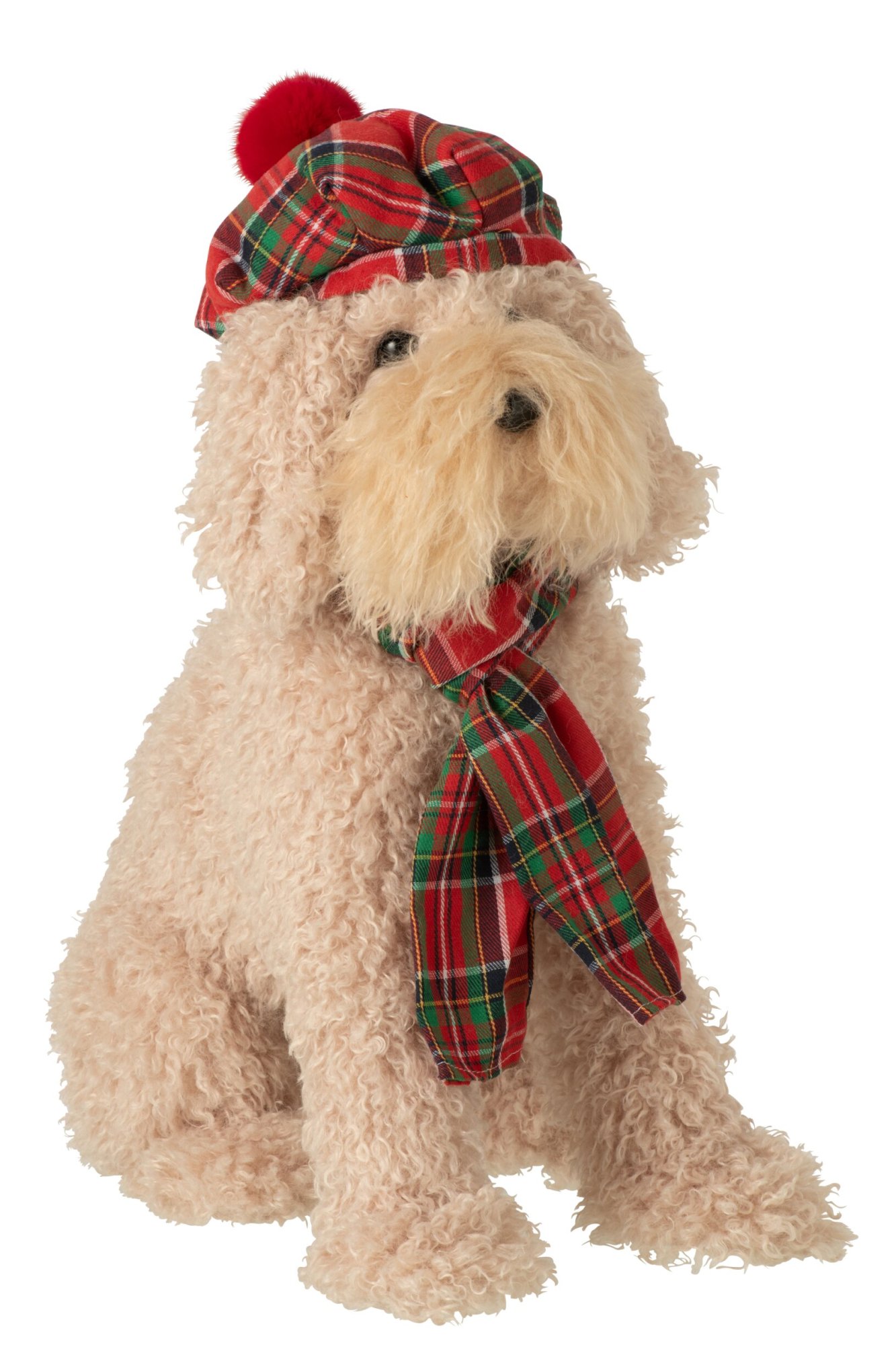 kerstfiguur - j-line - hond van pluche met baret en sjaal – textiel - beige - 40 x 28 x 48 cm - Afbeelding 2