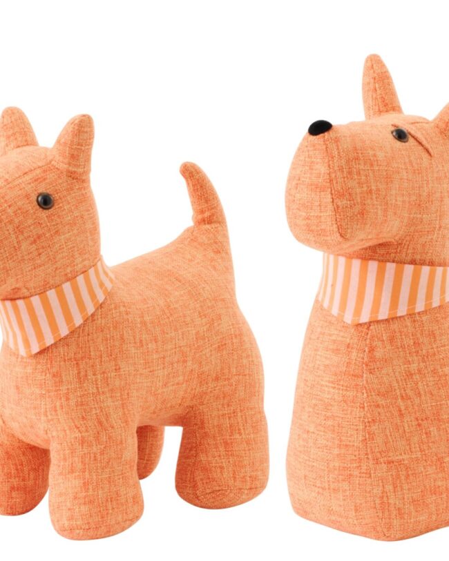 deurstopper - j-line - hond met sjaal - polyester - oranje - assortiment van 2/prijs per stuk - 33 x 20 x 35 cm