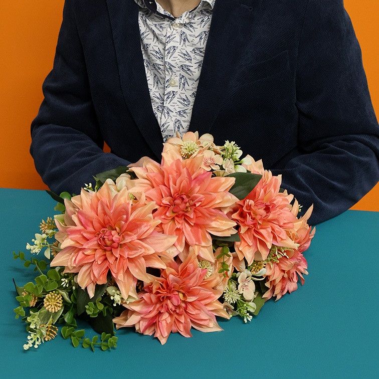 Kunstboeket Dahlia Sophie 15 Stuks – Countryfield - kunststof/kunstzijde - Zalm – 25 x 25 x 63 cm