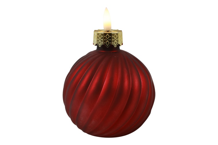 LED Kaars Kerstbal Stripe – Countryfield - glas - rood - middel - Ø 12,5 x 15,5 cm - Afbeelding 2