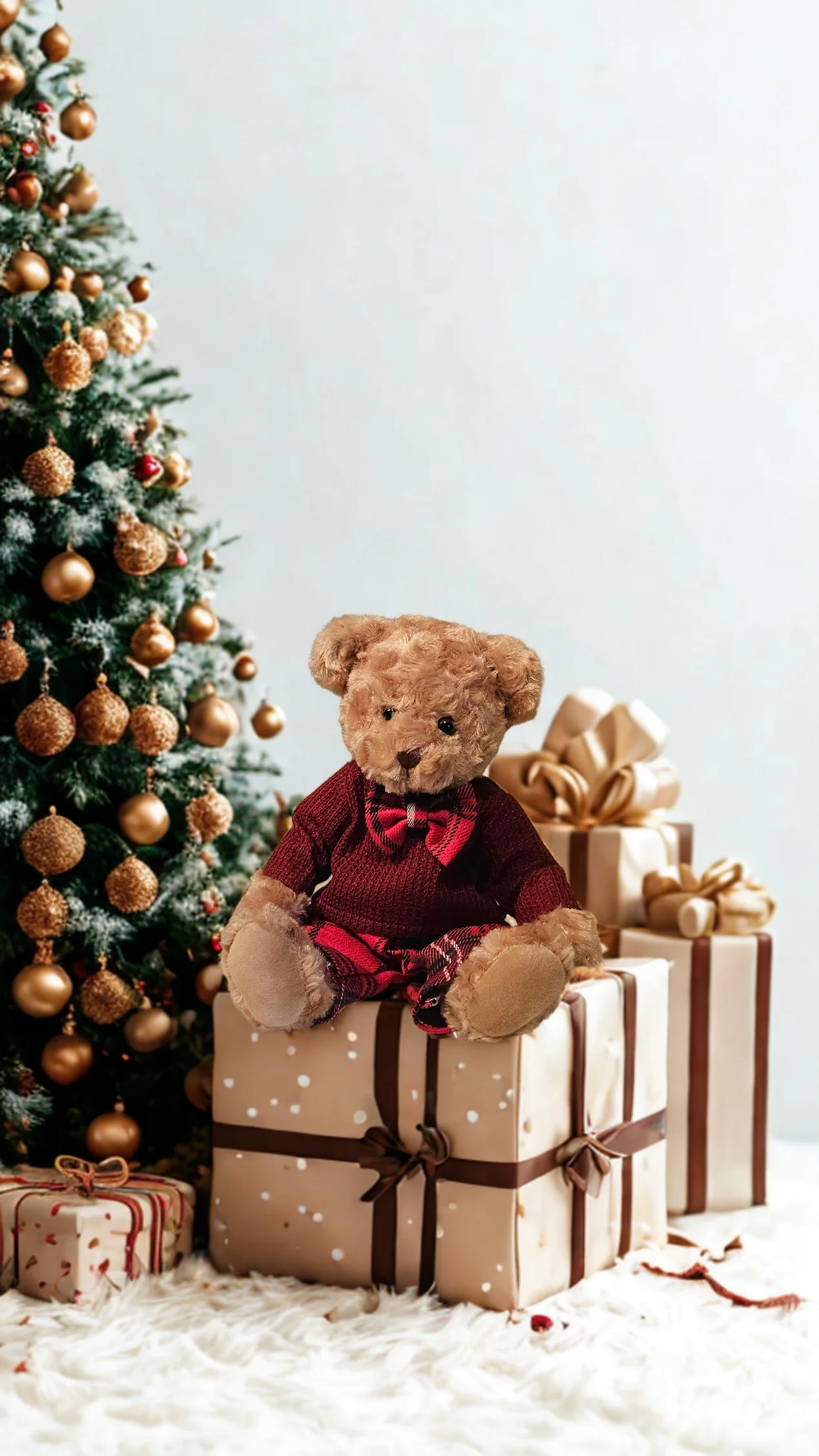 🧸pluchen jongensbeer - winteroutfit met strik – Bordeaux - H 30 cm - Afbeelding 2