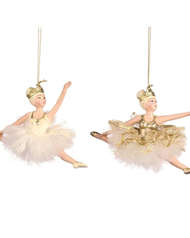Kersthanger Springende Ballerina – GOODWILL - KUNSTSTOF/TULLE - Wit/Goud – H 14,5 cm - ASSORTIMENT VAN 2/PRIJS PER STUK
